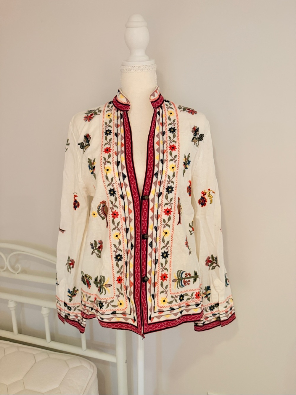 Zara Cream Embroidered Jacket with Red Trim